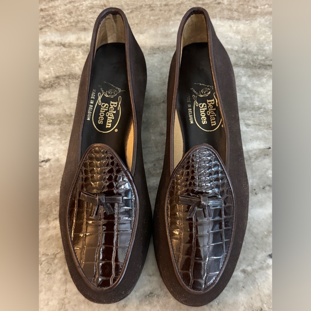 Belgian Shoes Travelette Slippers Brown Crocodile Print & Suede Loafers 5 Flats